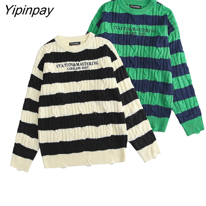 Yipinpay Winter Korean style Letter Embroidery Women's Sweater Loose Striped Long Sleeve Warm Knit Pullover Casual Female Clothing