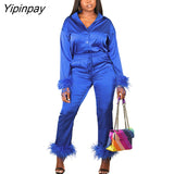 Yipinpay Women Fashion Satin Feather Splicing Shirt Two Piece Set Casual Single Breasted Lapel Blouse Pants Suits Lady High Street Outfit
