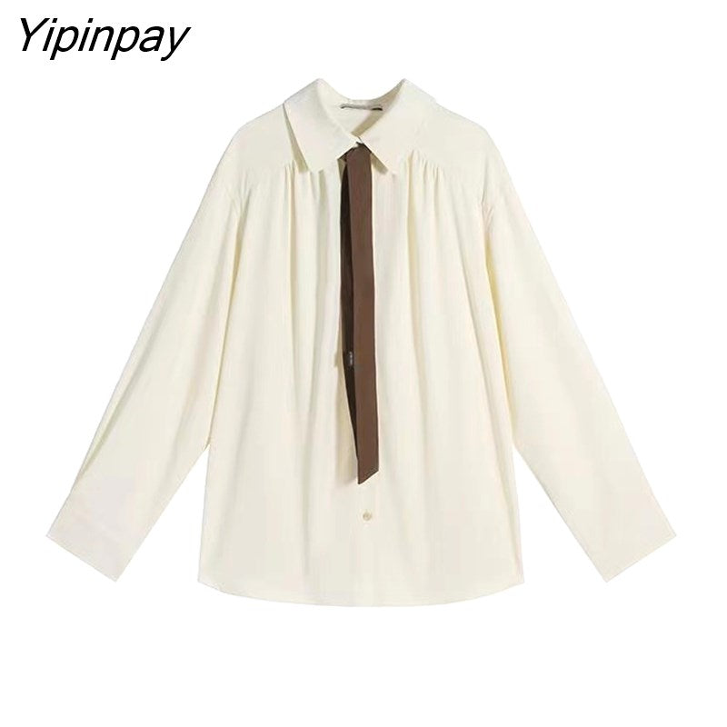 Yipinpay 2023 Spring Office Lady Long Sleeve Folds Women Basic Shirt Minimalist Tie Button Up Loose Woman Tunic Blouse Clothing