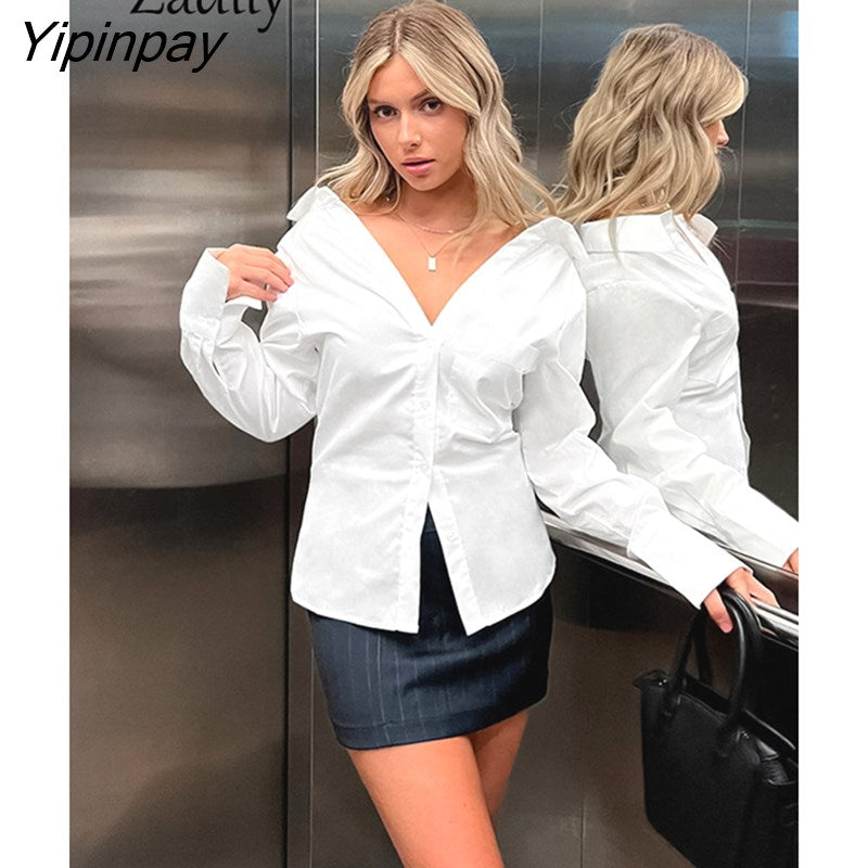 Yipinpay 2023 Minimalist Spring Long Sleeve Sexy Women White Shirt Korea Style Button Slim Woman Tunic Blouse Party Clothing Tops