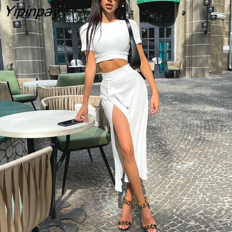 Yipinpay White Knitted Ribbed Two Piece Set Sexy Crop Tops And Slit Midi Skirts High Waist Button Up Sexy Bodycon Knit Skirt Sets