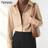 Yipinpay 2023 Winter Korean Style Long Sleeve Pocket Shirt Women Office Lady Button Up Tunic Blouse Fall Work Female Clothing Tops
