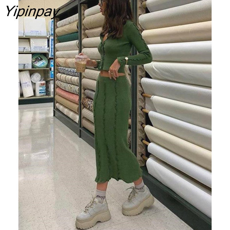 Yipinpay Convex Strip Solid 2 Piece Set Women Fashion Cropped Shirts And Slim Skirt Suits Spring Female Button Tops Skirts Outfits