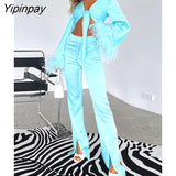 Yipinpay Feather Crop Tops And Split Trousers Two Piece Sets Women Fashion Flare Long Sleeve Tie Up Blouse High Waist Pants Suits