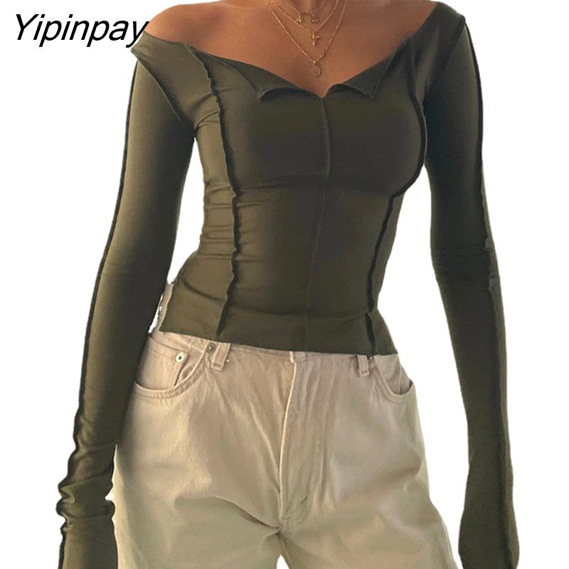 Yipinpay Off Shoulder Long Sleeve T-Shirt Women Spring Casual Party Street Tops 2023 Solid Base Tees Female Cropped Y2K Shirts