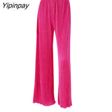 Yipinpay Pleated Printed Suit Women Long Sleeve V Neck Blouse And High Waist Pants Two Piece Sets Female Elegant Trousers Outfits