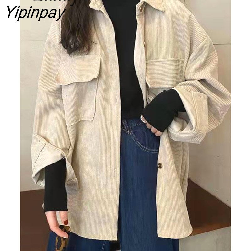 Yipinpay 2023 Winter Minimalist Long Sleeve Corduroy Shirt Women Korean Style Button Up Ladies Blouse Coat Female Clothing Tops