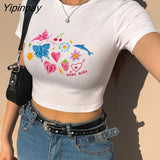 Yipinpay baby Summer Skinny Women Graphic T Shirts Navel Trend Print Stretchy Short Sleeve Kawaii Crop Top Streetwear Tees Aesthetic