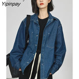 Yipinpay 2023 Spring Vintage Long Sleeve Women Denim Shirt Oversize Button Solid Color Patchwork Woman Blouse Female Clothing Tops