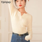Yipinpay 2023 Winter Korean Style Long Sleeve V Neck Sweater Women Minimalist Slim Crop Tops Ladies Knit Pullovers Female Clothing