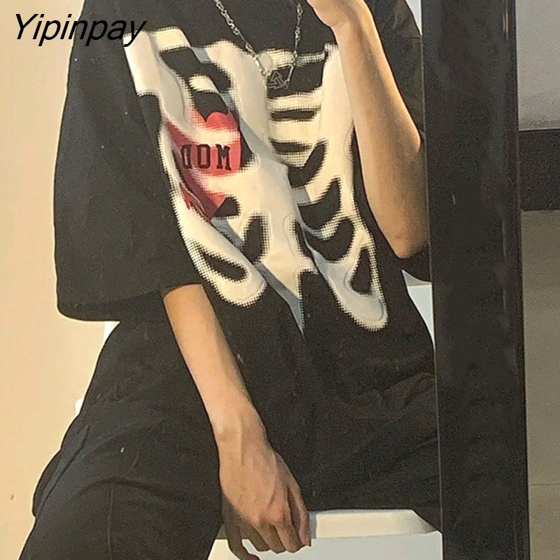 Yipinpay t-shirt female Top y2k Harajuku tops retro print skull bone Loose t-shirts with short sleeve anime graphic Shirt