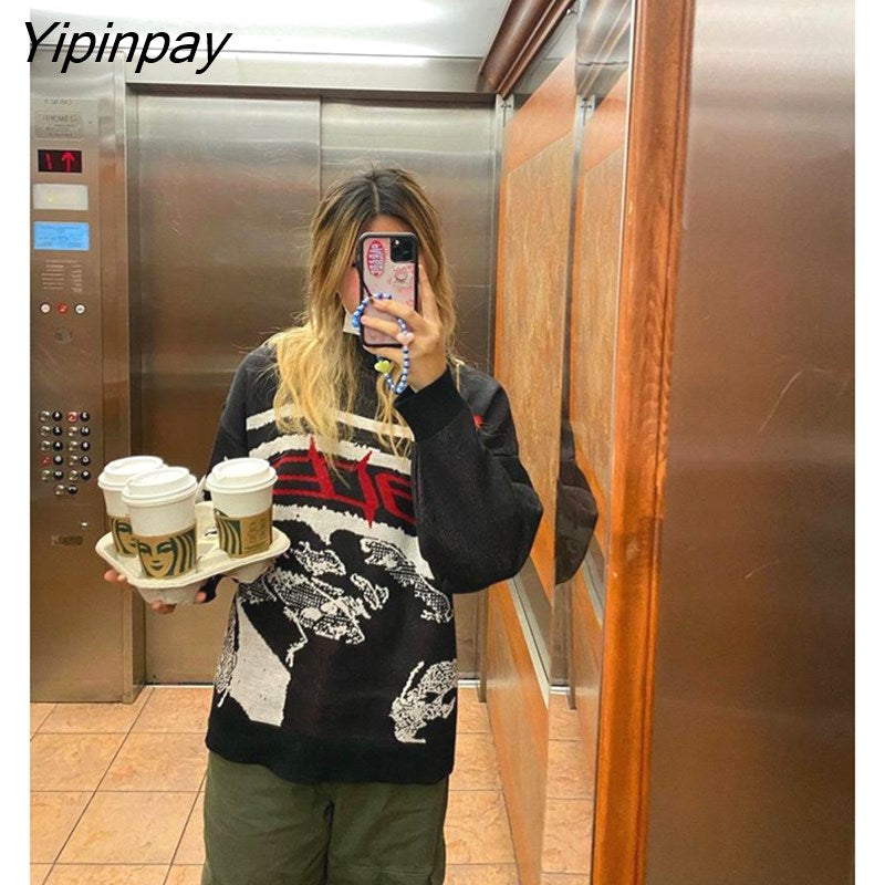 Yipinpay Men's Pullovers Sweaters Creative Stripes Women's Knitted Streetwear Maiden Oversized Harajuku O Neck Knitwear Men Clothing
