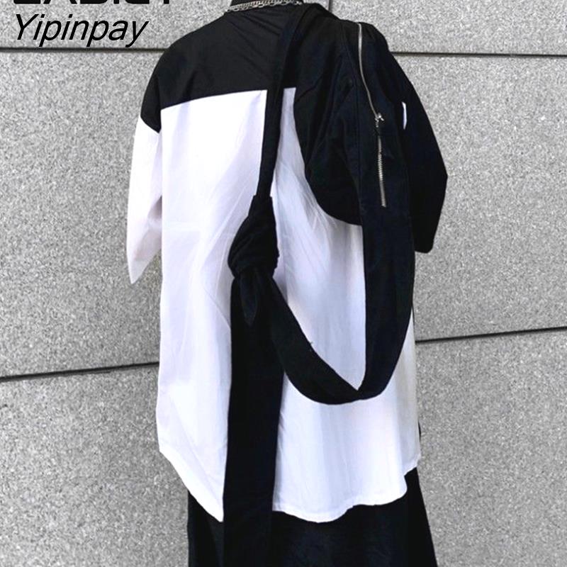 Yipinpay Street Style Oversize Women Shirt Gothic Black White Patackwork Short Sleve Ladies Blouse 2023 Summer Button Up Clothing