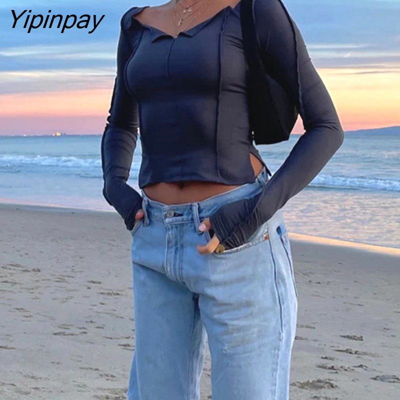 Yipinpay Off Shoulder Long Sleeve T-Shirt Women Spring Casual Party Street Tops 2023 Solid Base Tees Female Cropped Y2K Shirts