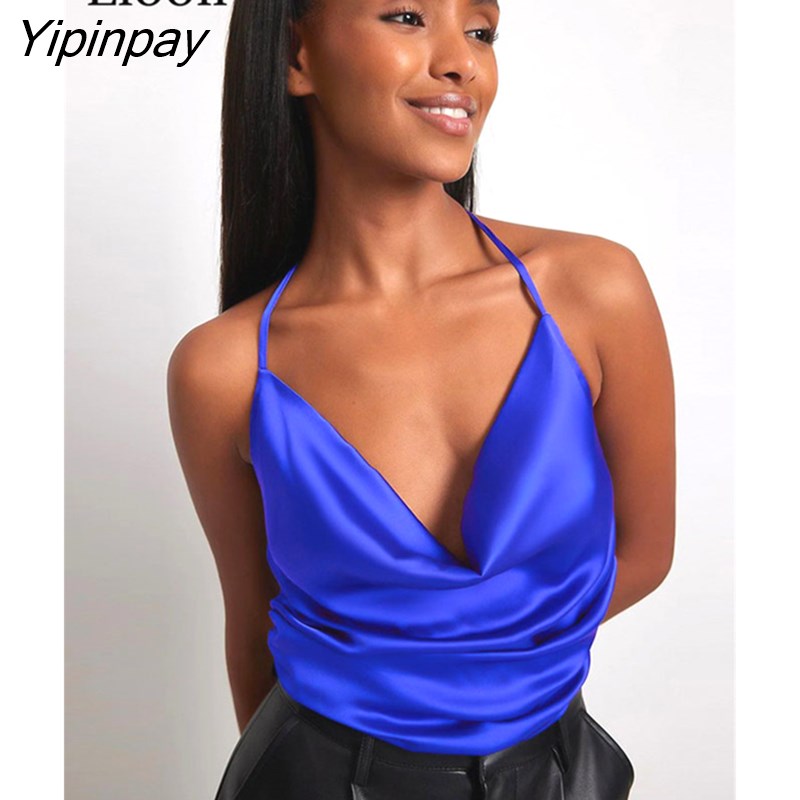 Yipinpay Sexy Ruched Satin Halter Tops Women Short Vest 2023 Summer Backless Camis Streetwear Sleeveless V Neck Black Crop Top