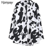 Yipinpay Street Style Oversize Women's Tunic Shirt Cow pattern print Long Sleeve Ladies Blouse Button Up Loose Plus Size Female Tops