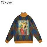 Yipinpay Harajuku Turtleneck Knit Female Pullover Argyle Oversize Warm Women's Sweater 2023 Winter Appliques Loose Thick Sweater