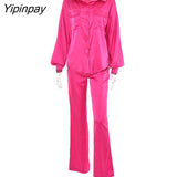 Yipinpay Women Solid Satin Pants Suit Female Loose Shirts Tops And Straight Pants Two Piece Sets 2023 Summer Office Lady Fashion Outfits