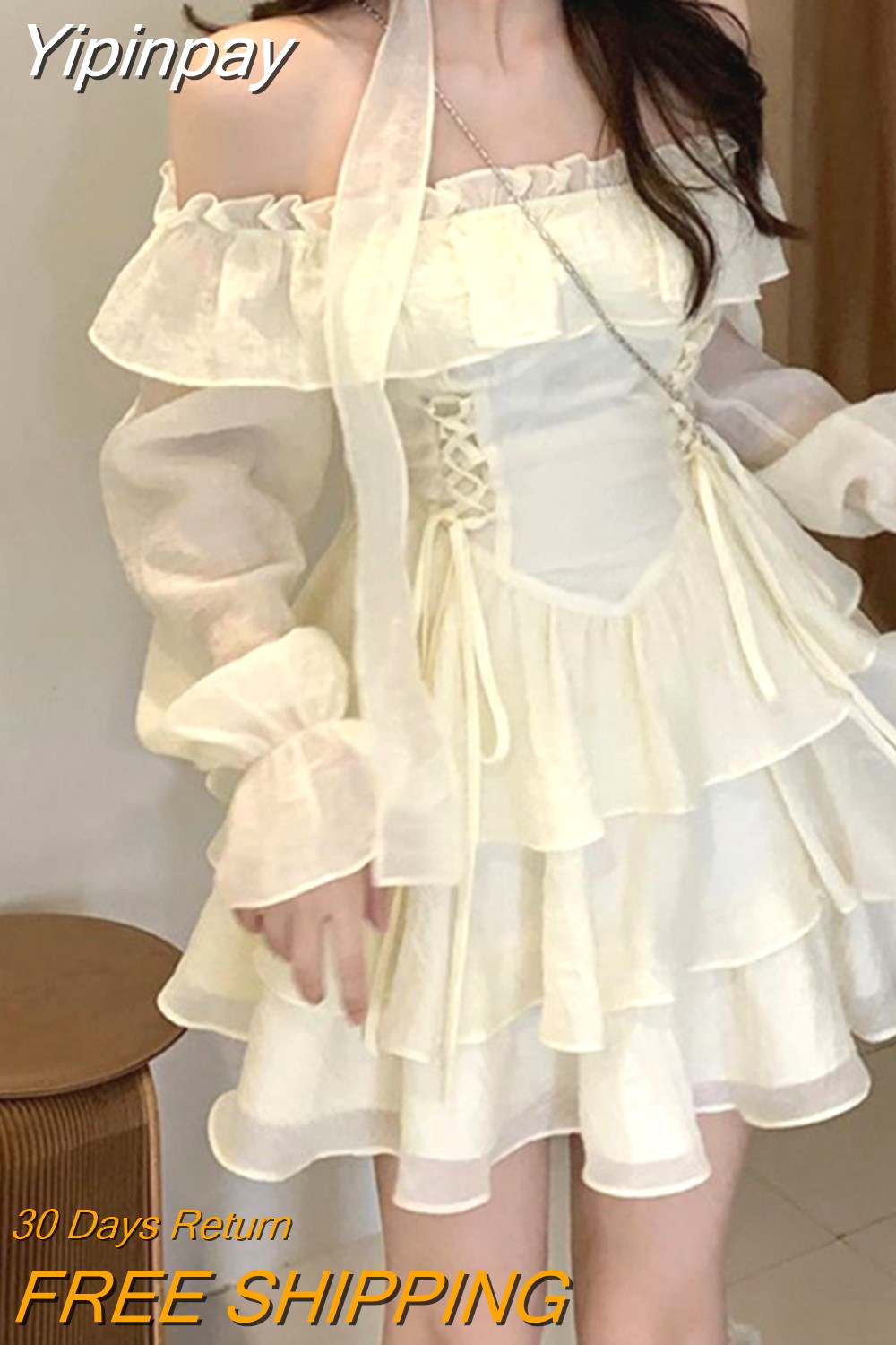 Yipinpay Sleeve Elegant Mini Dress Lolita Pure Color Short Party Dress Woman Casual 2023 Spring Sweet One Piece Dress Korean Fashion