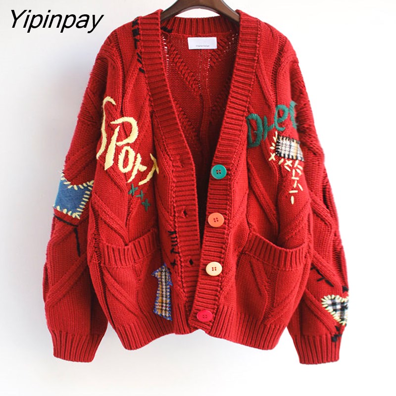 Yipinpay Autumn Winter Women Cardigan Warm Knitted Sweater Jacket Pocket Embroidery Fashion Knit Cardigans Coat Lady Loose Sweaters