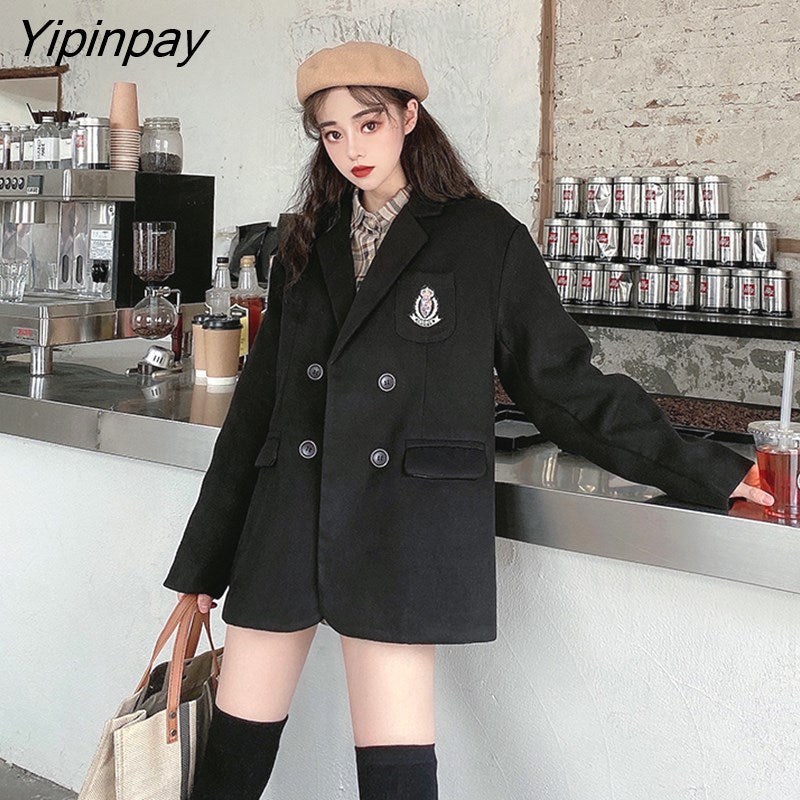 Yipinpay New Women Jacket Loose Black Preppy Style Woolen Coat Notched Collar Fashion Baggy Suit Coat Female Jacket