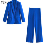 Yipinpay Fashion Spring Women Blue Blazer Suits Sets 2023 New Single Button Office Lady Jackets High Waisted Wide Leg Pants