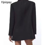 Yipinpay Warm Winter Black Solid Rivet Woolen Coat 2023 Fashion Long Sleeve Outwear Office Outfits Double Breasted Notched Overcoat