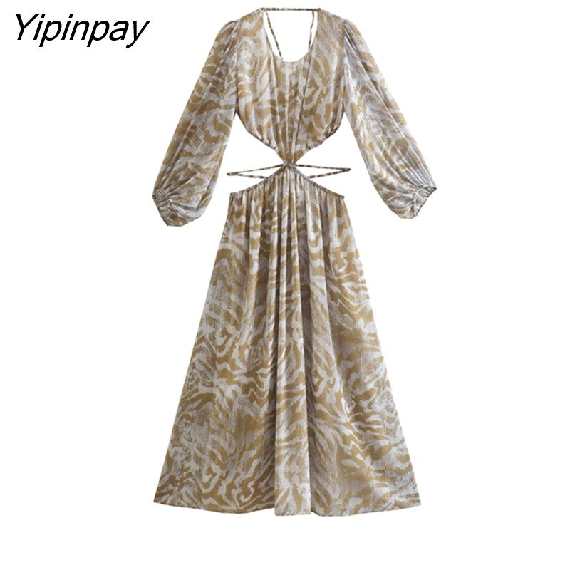 Yipinpay New Women Hollow Out Dress 2023 Spring Summer Sexy Long Sleeve Dresses Beach Party Mid-Calf Fashion Backless Clothes