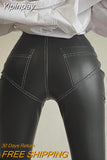 Yipinpay Autumn Y2k Fashion PU Leather Skinny Pant 2023 Slim Stretch Stitching Women Trousers Street Party Sexy Femm Pencil Pants