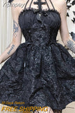 Yipinpay Goth Mall Gothic Emo Jacquard A-line Dresses Elegant Grunge Ruched Bandage Partywear Punk Black Women Halloween Club Dress