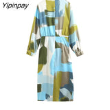 Yipinpay 2023 Women Plaid Mid-Calf Dresses With Slipt Fashion Female O-neck Party Vestidos Long Sleeved Dresses Soft Outwear