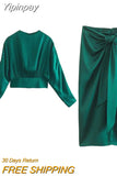 Yipinpay Green Long Skirts For Women Knot Satin Skirt Woman Ruched High Waist Slit Midi Skirt Fashion Streetwear Elegant Skirts Sets