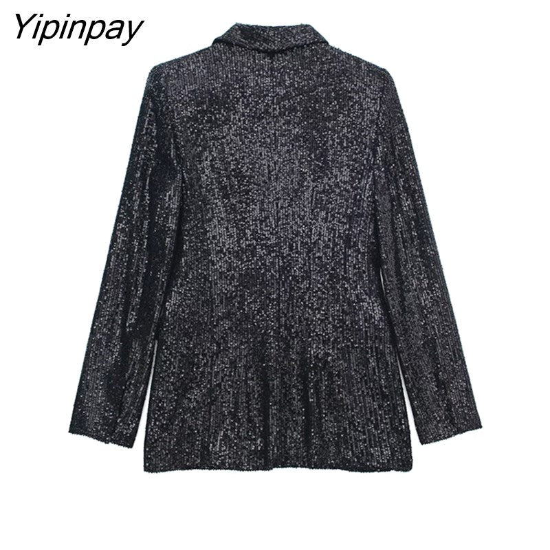 Yipinpay Women Beading Blazer Jackets 2023 Autumn Winter Notched Office Outfits Pockets Coats Single Button Long Sleeve Chic Outwear