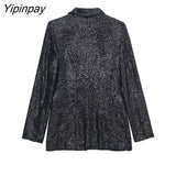 Yipinpay Women Beading Blazer Jackets 2023 Autumn Winter Notched Office Outfits Pockets Coats Single Button Long Sleeve Chic Outwear