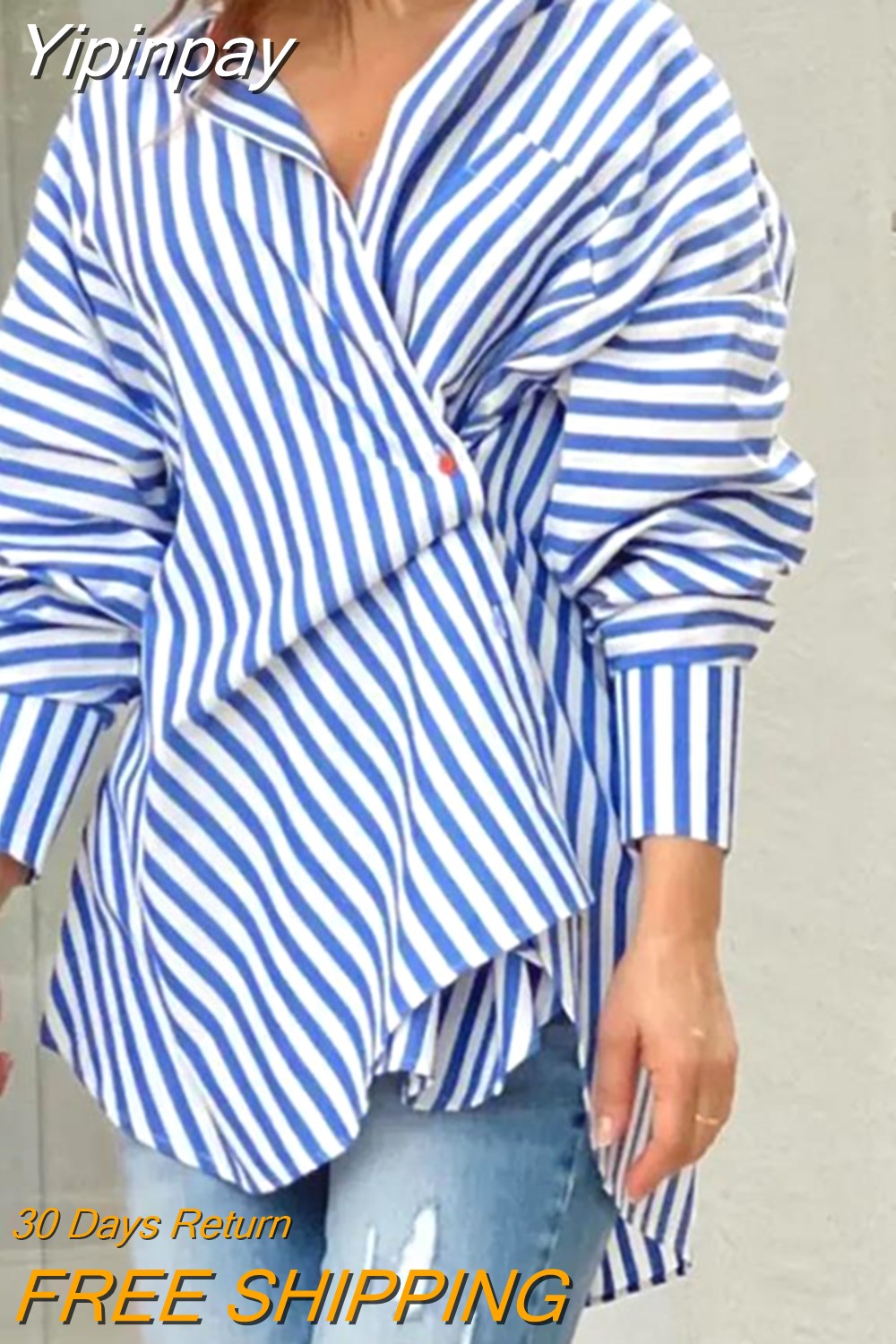 Yipinpay Fashion Woman Blouses 2023 Casual Striped Buttoned Ruched Asymmetrical Shirt Long Sleeve T Shirt Female Clothing