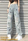 Yipinpay Streetwear Hip Hop Hole Baggy Jeans Denim Pants Woman Man Straight Wide Leg Pants Patchwork Boyfriend Y2k Punk Kpop
