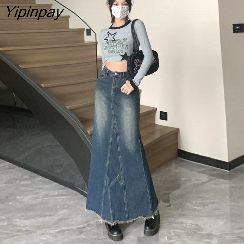 Yipinpay Vintage Blue High Waist Denim Split Skirt Women's Long Fishtail Skirt