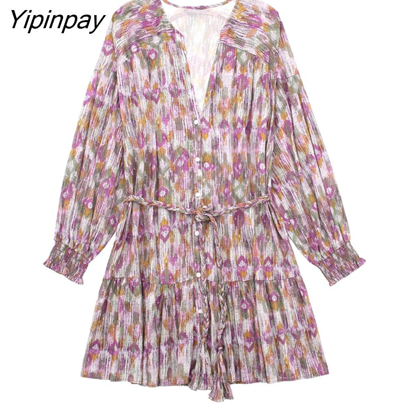 Yipinpay Fashion Women Floral Printed Mini Dresses With Belt 2023 Summer V-neck A-line Dresses Sweet Long Sleeve Causal Vestidos