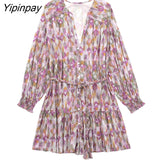 Yipinpay Fashion Women Floral Printed Mini Dresses With Belt 2023 Summer V-neck A-line Dresses Sweet Long Sleeve Causal Vestidos