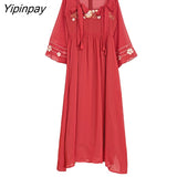 Yipinpay Autumn Women Dress Vintage High waist Chiffon Chinese style Embroidery flare sleeve Retro Sweet Female dresses 2023 HOT