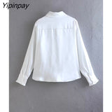 Yipinpay Sweet Ladies Bow Solid Blouses 2023 Spring Autumn Casual Turn Down Collar Long Sleeved Tops Single Breasted T-Shirts