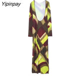 Yipinpay Sexy Women Printed Mid-Calf Dresses Autumn Elegant O-neck Backless Dresses Vintage Long Sleeve Fashion Vestidos