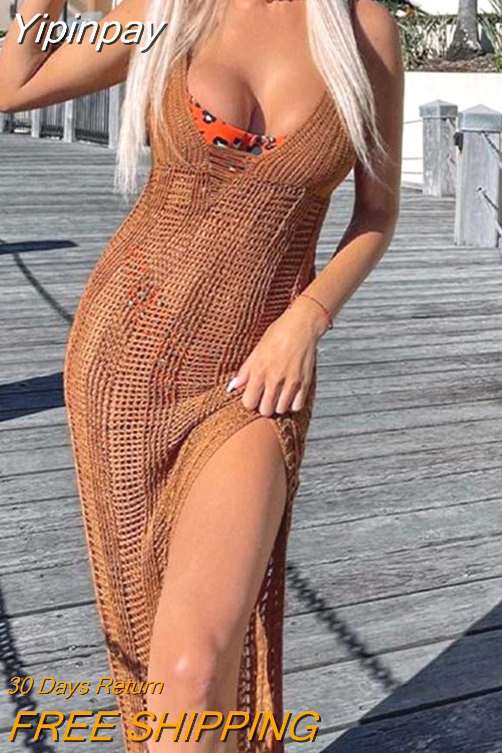 Yipinpay Fashion Female Beach Dress Solid Color Deep V-Neck Sleeveless Backless Crochet One-Piece For Summer Hot Sale S M L