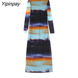 Yipinpay 2023 Spring Summer Printed Tulle Dresses Vintage Elegant Party Sheath Mid-Calf Dress Long Sleeve O-neck Vestidos