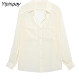 Yipinpay 2023 Thin Women Solid Blouses With Patch Pockets Spring Autumn Casual Long Sleeved Tops Summer Single Breasted T-Shirts