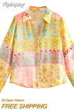 Yipinpay Patchwork Button Up Shirt Women Print Long Sleeve Top Female Loose Summer Blouses Woman 2023 Collared Women's Beach Shirt