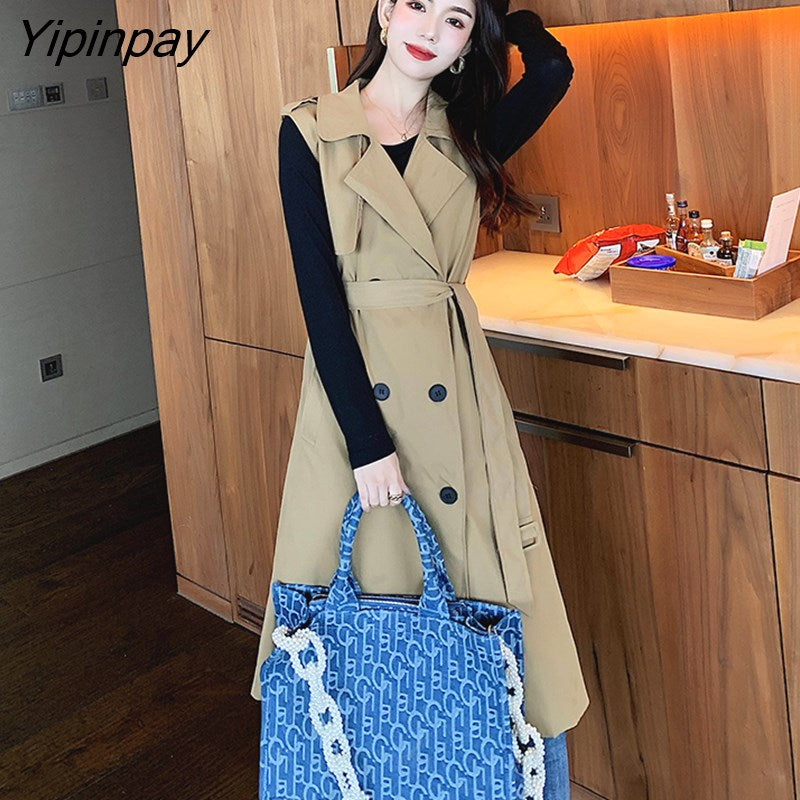 Yipinpay Autumn Sleeveless Vest Trench Women Casual Long overcoat match knitting tops Fashion female coat Ladies trench