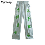 Yipinpay Women Embroidery Pants Sets 2023 Spring Autumn Long Sleeve Blouse+Drawstring Trousers Set Thin Elastic High Waist Pants