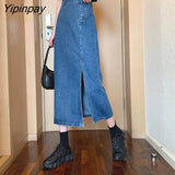 Yipinpay High Waist Vintage Denim Jeans Skirts Casual Wash Split Long Skirt Korean Harajuk Blue Skirt Femme