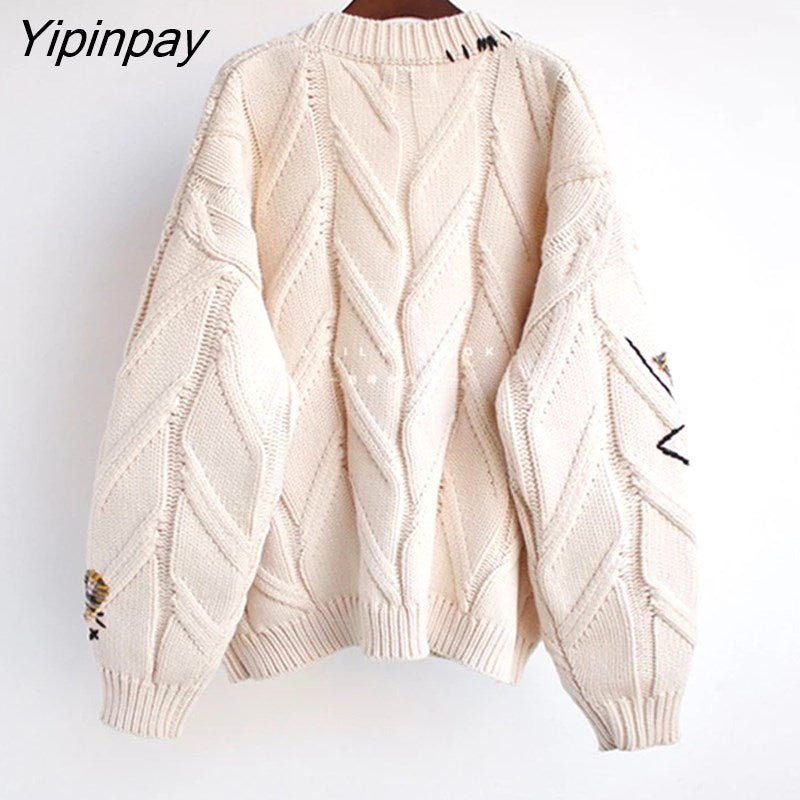 Yipinpay Autumn Winter Women Cardigan Warm Knitted Sweater Jacket Pocket Embroidery Fashion Knit Cardigans Coat Lady Loose Sweaters